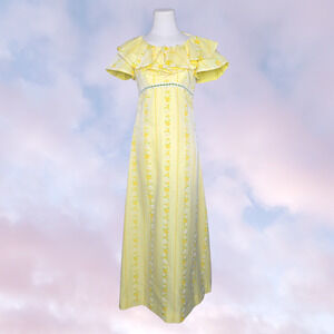 Vtg 60s Handmade Yellow Green Prairie Cottagecore Cotton Floral Tank Dress Sz XS